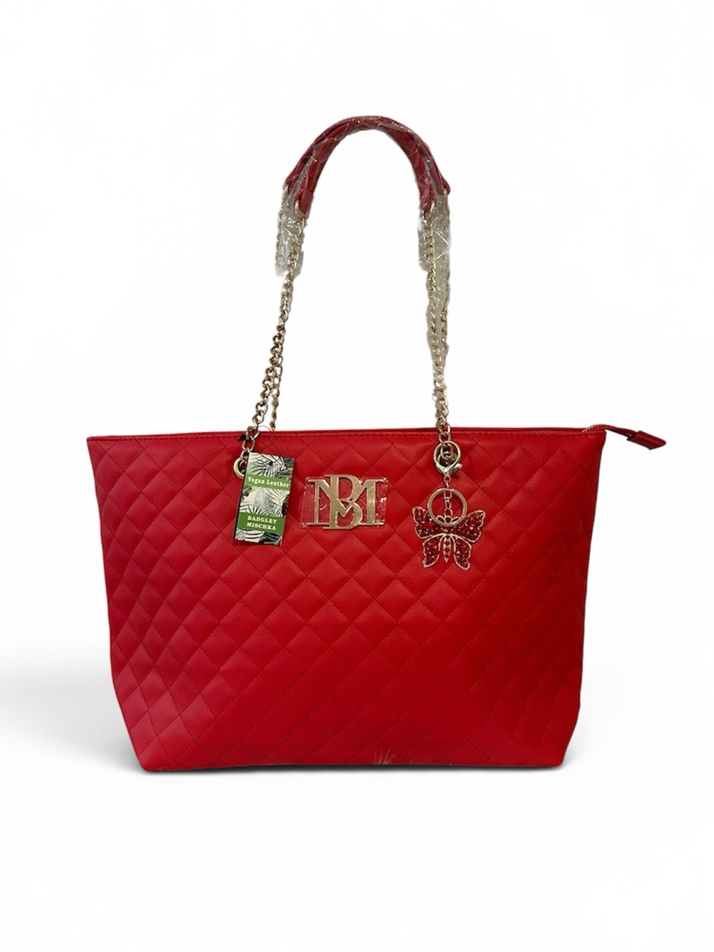 Badgley Mischka Red Quilted Vegan Leather Tote Bag Gold Tone Monogram NEW